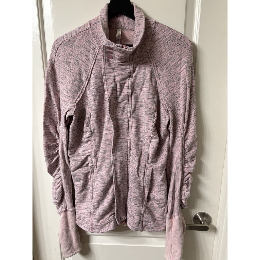 Free People Movement Womens Sz M Terry Ruched Sleeve Zip Marled Jacket Pink